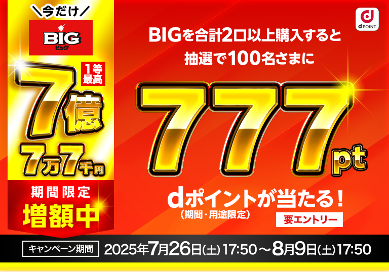 今だけ! BIGで1等最高7億7万7千円 期間限定増額中 BIGを合計2口以上購入すると抽選で100名さまにdポイント（期間・用途限定）777ptが当たる！キャンペーン期間 2025年7月26日(土)17：50～8月9日(土)17：50