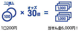 1口購入 1口200円 × オッズ30倍 = 当せん金6,000円！