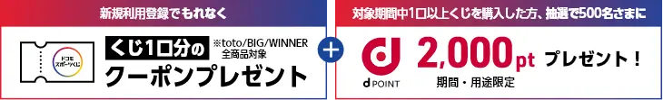 新規利用登録でもれなく くじ1口分のクーポンプレゼント ※toto/BIG/WINNER全商品対象 + 対象期間中1口以上くじを購入した方、抽選で500名さまに dPOINT 2,000pt プレゼント！ 期間・用途限定