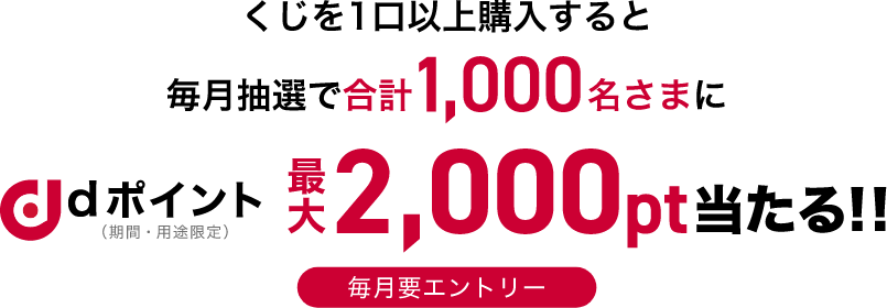 くじを1口以上購入すると毎月抽選で合計1,000名さまにdポイント（期間・用途限定）最大2,000pt当たる!! 毎月要エントリー
