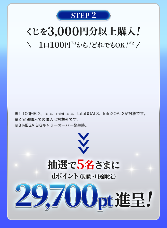 STEP2 くじを3,000円分以上購入！抽選で5名さまにdポイント（期間・用途限定）29,700ポイント進呈！