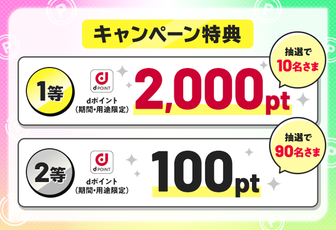 キャンペーン特典 1等dポイント（期間・用途限定）2,000pt 抽選で10名さま 2等dポイント（期間・用途限定）100pt 抽選で90名さま
