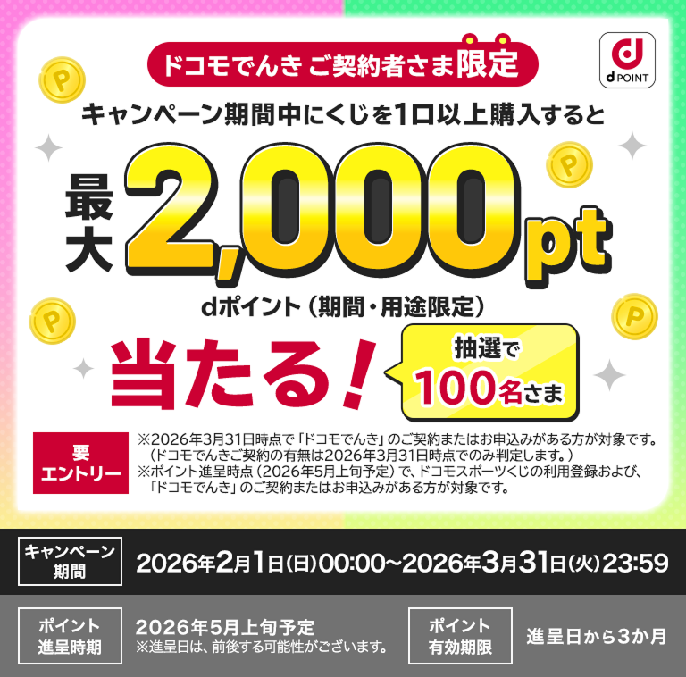 ドコモでんきご契約者さま限定で、キャンペーン期間中にくじを1口以上購入すると抽選で100名さまに最大2,000pt当たるチャンス！キャンペーン期間 2026年2月1日(日)00：00～2026年3月31日(火)23：59 要エントリー