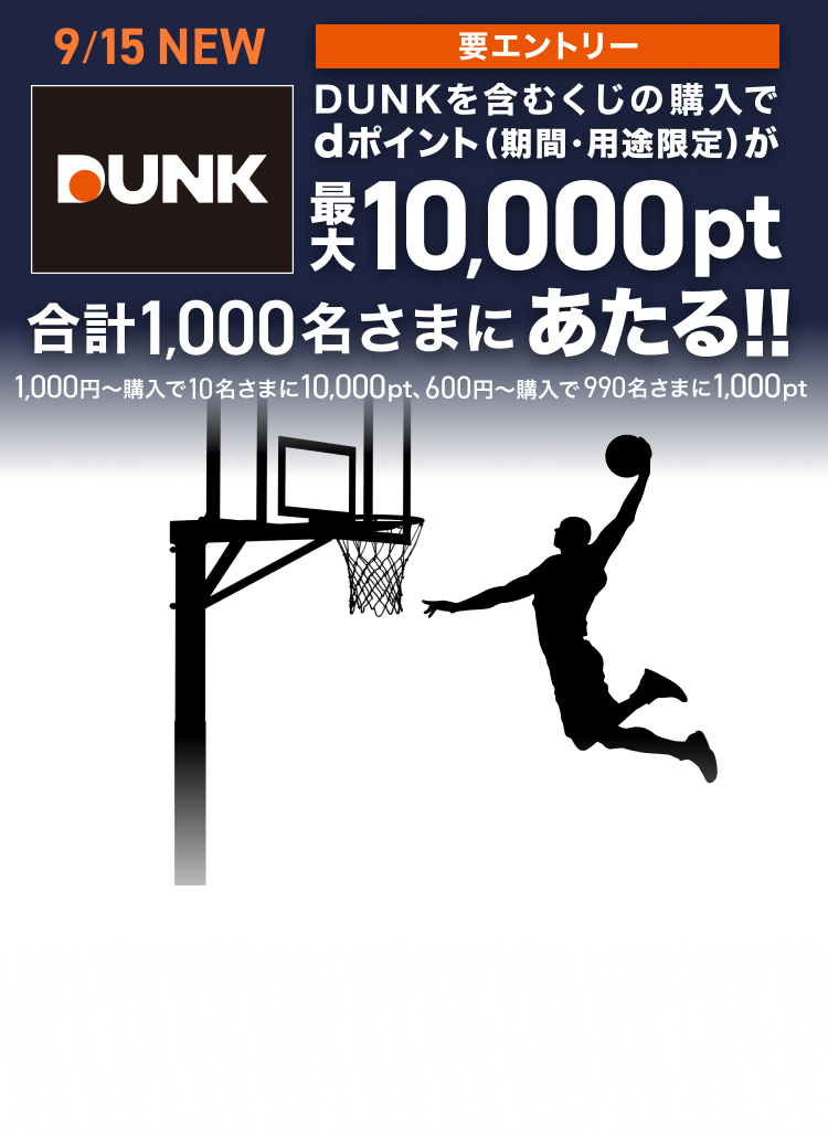 9月15日新登場DUNK 要エントリー DUNKを含むくじの購入でdポイント（期間・用途限定）が最大10,000pt、合計1,000名さまにあたる!!（1,000円〜購入で10名さまに10,000pt、600円〜購入で990名さまに1,000pt）