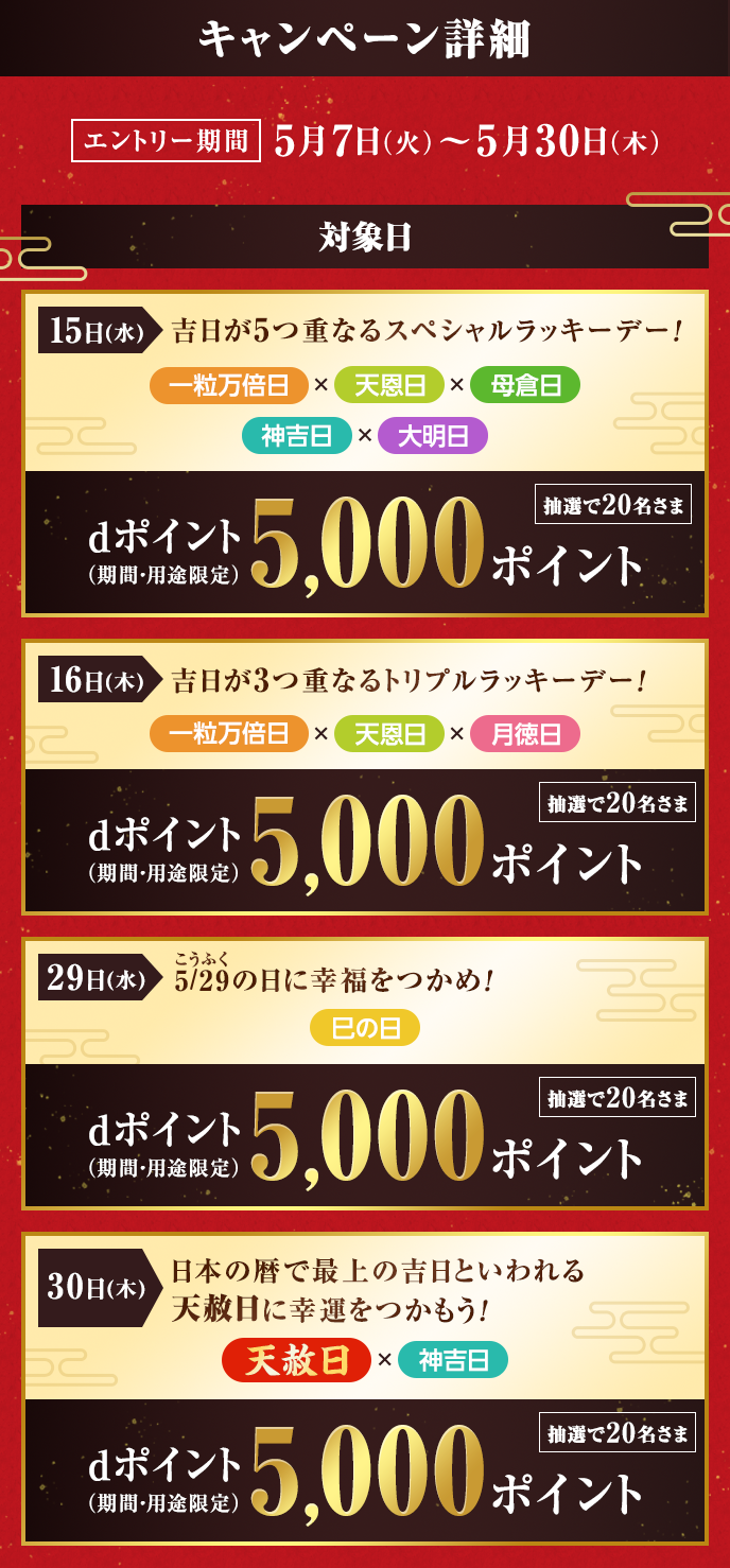 エントリー期間：5月7日（火）～5月30日（木）対象日：15（水）16（木）29（水）30（木）