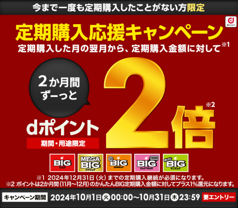 今まで一度も定期購入したことがない方限定！定期購入した月の翌月から2か月間、定期購入金額に対してdポイント（期間・用途限定）2倍！キャンペーン期間2024年10月1日（火）00：00～10月31日（木）23：59