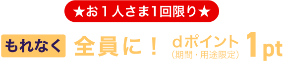 ★お1人さま1回限り★ もれなく全員に！dポイント（期間・用途限定）1pt