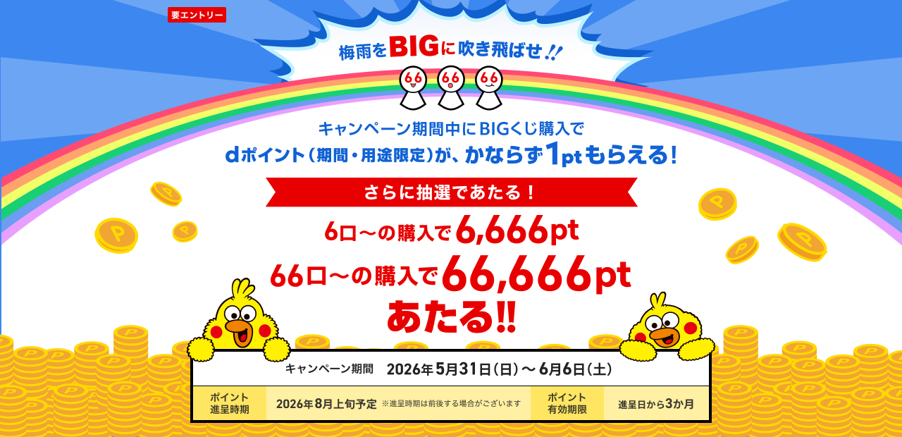 要エントリー BIGくじ購入で、dポイント（期間・用途限定）がもれなく1ptもらえる！6口以上の購入で、6,666ptあたる!!さらに66口以上の購入で66,666ptあたる!! ※詳細はページ下部をご確認ください